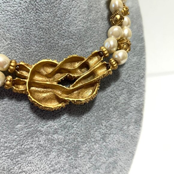 Vintage 1988 FM Double-Strand Faux Pearl Gold Tone Braided Necklace - Picture 4 of 11